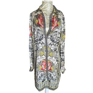 Bebe Floral Versace Pattern Shirt Dress Upscale Designer Sexy Size Medium